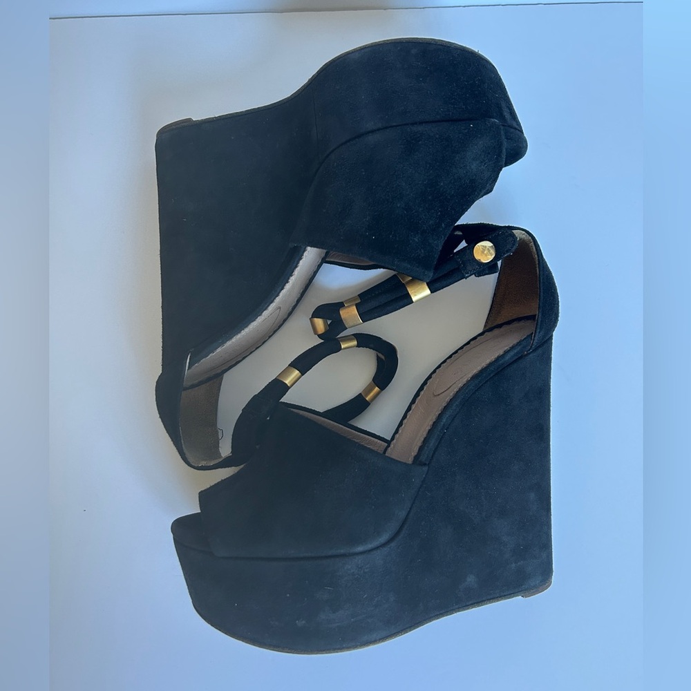 Chloe size 36 Black suede Wedge platforms w gold detail and snap - Picture 5 of 7